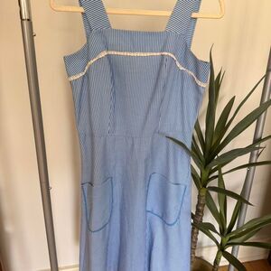 Vintage Blue & White Pinafore-Style Stripe Dress – Coastal Euro Summer Picnic